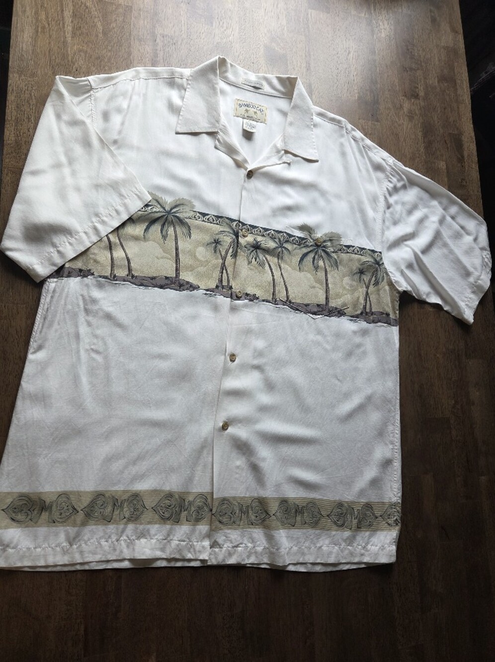 100% Rayon Bamboo Cay Fine Resortwear Camp Shirt with Beige Palm Band
